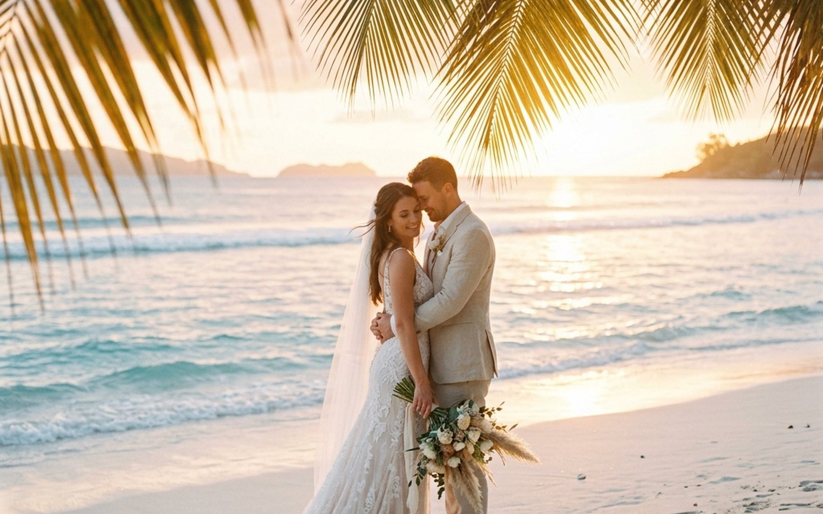 Luxury wedding couple on a Phuket beach at golden hour