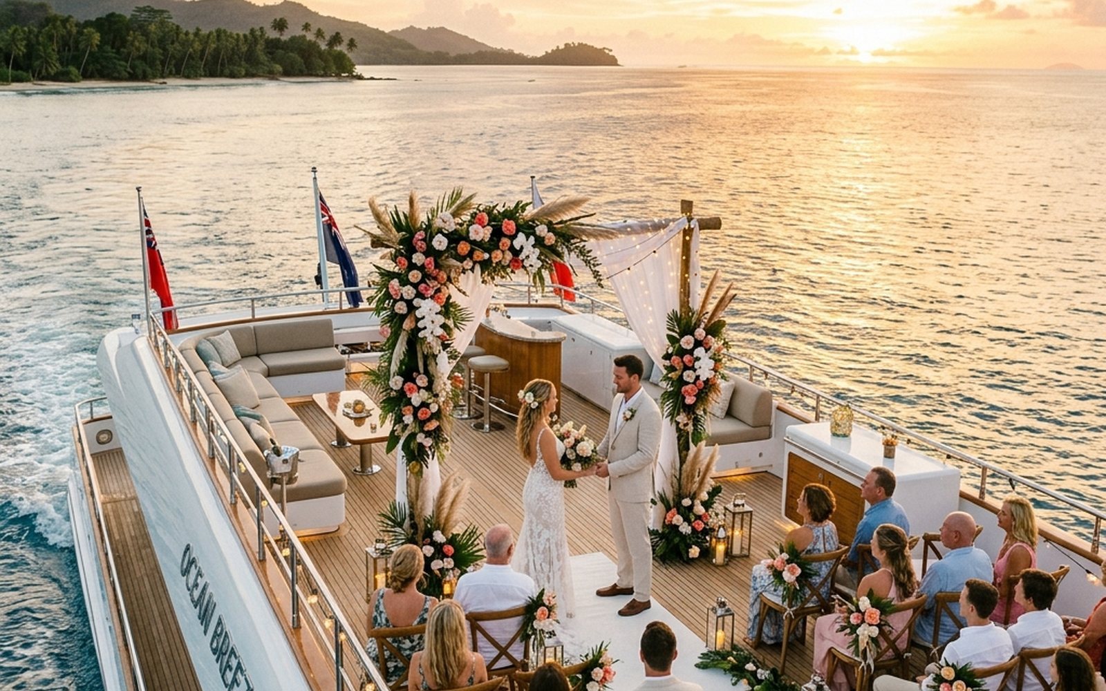 Luxury yacht wedding ceremony near Phuket at sunset
